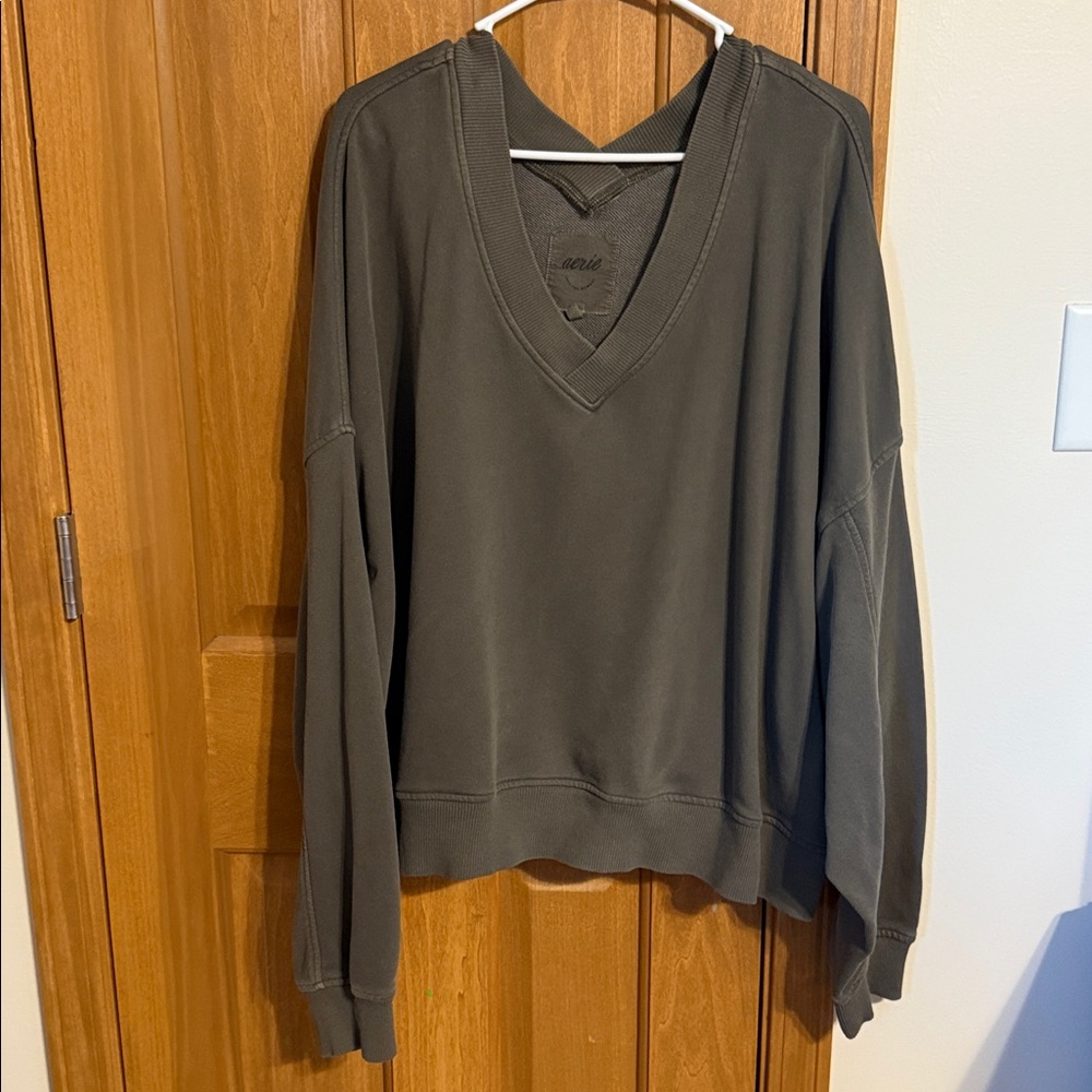 Aerie Dark Olive V-Neck Pullover